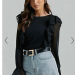 CeCe  Black Long Sleeve Ruffle Sheer Polka Dot Print Mesh Peplum Blouse Top S Photo 9