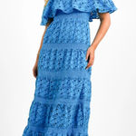 Topshop  Strappy Broderie Maxi Dress With Frill Neck In Blue Size 4 Photo 0