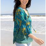 Natural Life Maribel Boho Floral Print Tassel Tie Neck Blouse Top XS Teal Sage Photo 1