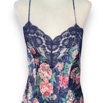 Vintage 90s Slip Dress Blue Baby Pink Spaghetti Strap Dark Floral Open Back Lace Size M Photo 2