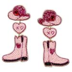 Viola Beaded Dangle Earrings Cowboy Hat Heart Boot Pink Western 2.5" New Photo 0