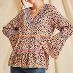 Savanna Jane Tan Black Leopard Print Babydoll Top Rayon Ric Rac Size S Photo 0