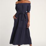 NWT Lulus Ready for Sunshine Off the Shoulder Belted Gauzy Smocked Maxi Dress XS Blue Photo 3