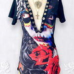 Early 2000's Y2K Horror Print Grunge Long Graphic Short Sleeve Lace Up Top M Black Size M Photo 0