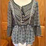 Jolt  Women's Blue Tie Neck 3/4 Bell Sleeve Peasant Top Photo 0