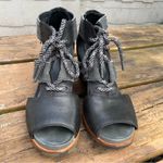 Sorel  Womens Joanie Sandal‎ Black Dark Leather Strappy Lace Up Wedge Heel Shoe 7 Photo 1