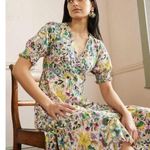 Boden Floral Midi Dress Pink Multicolor Puff Sleeve V Photo 0