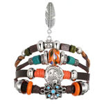 Exquisite feather pendant‎ handmade beaded boho faux leather bracelet Brown Photo 1