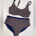 Athleta Seersucker High Neck Waist Bikini Multi Color Navy Plaid Womans 36D DD L Photo 1