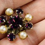 Women Clip On Earrings Purple Color Glass Faux Pearls Rivet Construction Vintage Photo 7