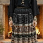 VINTAGE Velvet Paisley Midi Flare Skirt Black Size M Photo 0