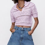ZARA NEW  Pink Crochet Collared Tie Keyhole Open Knit Short Sleeve Sweater Top M Photo 0