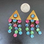 Unique Vintage  Unsigned Multicolored Stones Waterfalls Clip Statement Earrings Photo 6
