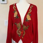 Herman Geist VTG  Embroidered Cardigan Floral Beaded Sweater Red Large Boho Rose Grandmacore Photo 0
