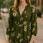 Vince Camuto  olive floral print lined long sleeve dress with semi-sheer sleeves Photo 0