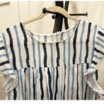 NWOT XL White Navy Blue & Cornflower Stripes Keyhole Flutter Sleeves Scallop Photo 2