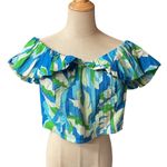 Maeve Women's Floral Ruffle Crop Top Size 1X Smocked Back Blue Green Summer Photo 2