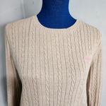 IZOD Cotton Cable Knit Crewneck Sweater Tan with Pink Photo 2