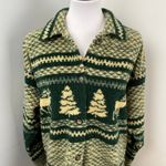 Vintage 90s Womens Fair Isle Moose Christmas Fleece Shirt Jacket Shacket Medium Green Photo 2