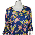 Caribbean Joe Women's Large Blue Floral Blouse 3/4 Sleeves Tie Detail NWT Cruise Photo 1