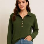 SheIn Cozy Waffle Knit Henley Pullover  XS Army Green Photo 0