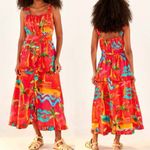 Farm Rio NWT Ipanema Ruffled Tropical Printed Midi Red Dress Sz M Photo 1