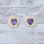 Vintage Screw On Earrings Beige with Heart Shape Purple Center Photo 0