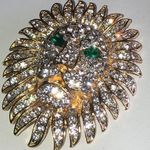 None Gold Tone CZ Rhinestones & Green Rhinestone Eyes Lions Head Brooch Shoulder Pin Photo 1