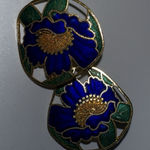 Vintage Round‎ Cloisonne Earrings Floral Cutout Blue Green Gold Clip On Photo 0