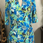 Lands' End  Short Sleeve Side Gather Blue Floral Rash Guard Swim Shirt Size Small Photo 0