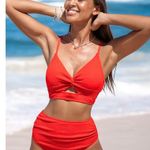 Cupshe NWT  Sz S Textured Twisted V Neck Bikini Top & High Rise Bottoms Swim Set Photo 0