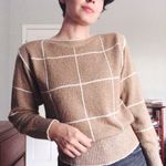 vintage • 1980s pullover sweater grid pattern boucle knit tan white plaid Photo 2