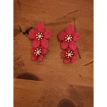 Red Double Flower Drop Earrings Gold Center Statement Summer Beach NWOT Photo 2