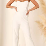 Lulus NWT  Fashionista Nights Ivory Strapless Bustier Wide-Leg Jumpsuit Classy XS Photo 0