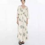 ZARA Wrinkle Effect Satin Maxi Kaftan Dress Ecru Sage Green Size S NWT Photo 13
