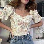 Puff Sleeve Floral Sweetheart Neck Linen Prairie Style Top Pink Size XS Photo 0