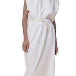 ZARA New  Dress Womens M Extended Shoulder Midi Tank Cinched Drawcord Waist Ivory Photo 15