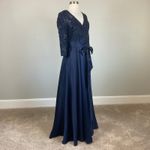 XScape  Lace and Satin Long Sleeve A-Line Evening Gown Blue Size 4 Formal Dress Photo 1