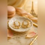 Gold pearl crystal mini hoop earrings coquette floral huggie dainty wedding Photo 3
