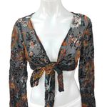 Tiger Mist  Black Paisley Floral Sheer Velvet Velour Long Sleeve Crop Top Size S Photo 3