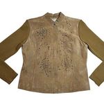 Coldwater Creek Suede Full Zip Jacket Size Med Laser Cutout Knit Ribbed Sleeves Photo 0