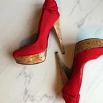 Bebe Stiletto High Heels Kahilia Ruby Red Size 8 Platform Cork Bow Formal Photo 11