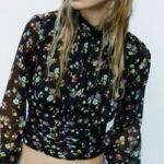 ZARA  Black Floral Sheer Blouse Metallic Cropped Size M Photo 0