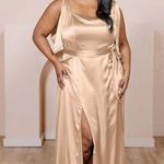 Revelry Stevie Satin Honey Beige 744 Champagne Maxi bow Shoulder Dress Gold Size 8 Photo 0