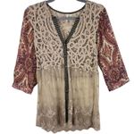 BKE Lace Crochet V-Neck 3/4 Sleeve Button Up Lightweight Sheer Tunic Blouse XL Photo 0