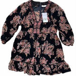 ZARA  Eileen Dress Womens‎ Medium Black Floral Velvet Ruffle Trim 3/4 Puff NWT Photo 0