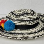Hinge Two Tone Panama Hat Black White Wide Brim Woven Straw Pom Pom Summer NWOT Photo 7
