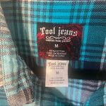 Tool Jeans Womens Top Medium Blue Blouse Flannel Button Casual Distressed Photo 2