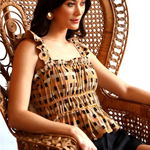 Eva Franco Smocked Ruffle Tie Strap Square Neck Top Geometric Print M Yellow Size M Photo 0