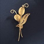 Vintage Austria set EUC goldtone & glass filigree floral brooch w/ clip earrings Red Photo 2